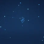 Abstract digital shield and network of connected nodes over a deep blue gradient, representing protected healthcare data and IT security.